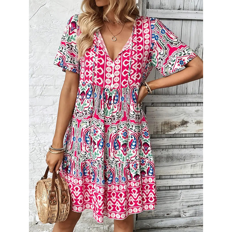 Women’s Casual Summer Dress – Boho Drawstring V-Neck Floral Short Sleeve Dress