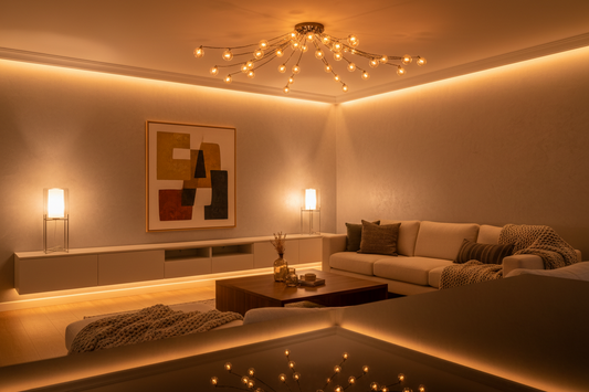 Warm, indirect mood lighting creating a calm and relaxing home atmosphere.