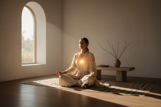 Woman practicing self-care meditation in warm light, symbolizing self-glow and inner energy