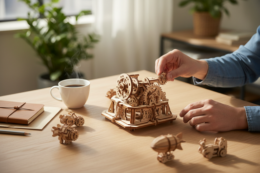 building a 3D wooden puzzle for adults mechanical wooden model kit on a table