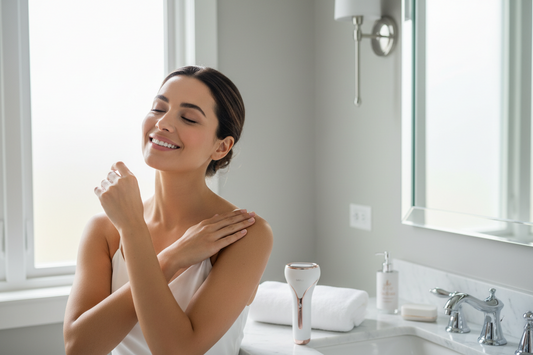 Frau pflegt ihre Haut im Badezimmer nach der IPL Haarentfernung zu Hause – sanfte Alternative zum Rasieren