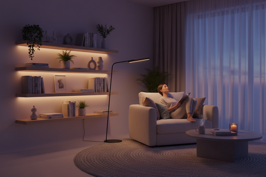 Woman relaxing in a cozy living room with warm mood lighting during a calm evening routine
