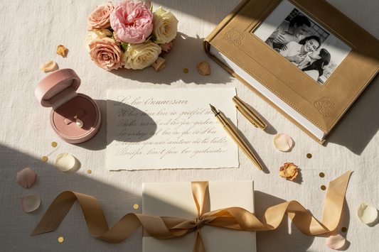 Romantisches Geschenk für die Freundin zum Jahrestag – persönliche Erinnerungen mit Blumen, Foto und Brief