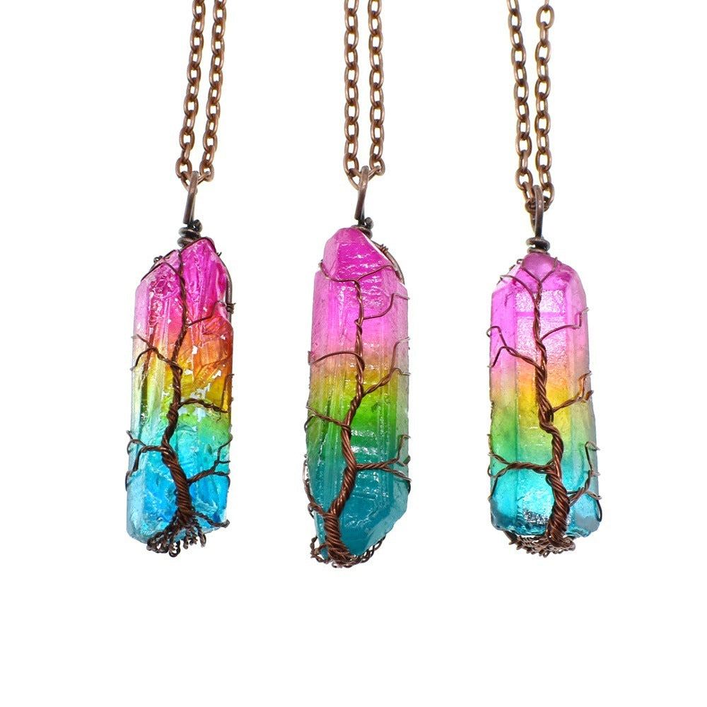 Ivoja Tree of Life Crystal Pillar Necklace – 70s-Inspired Boho Glow 