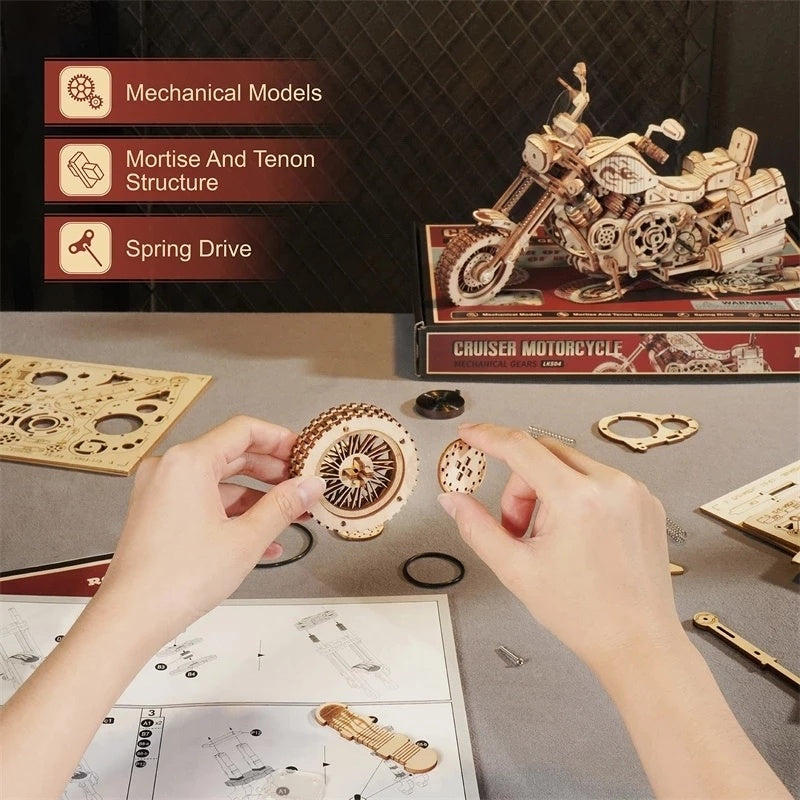 ROKR™ 420-Piece Wooden Motorcycle Model Kit – Mechanical 3D Puzzle for Adults & Teens