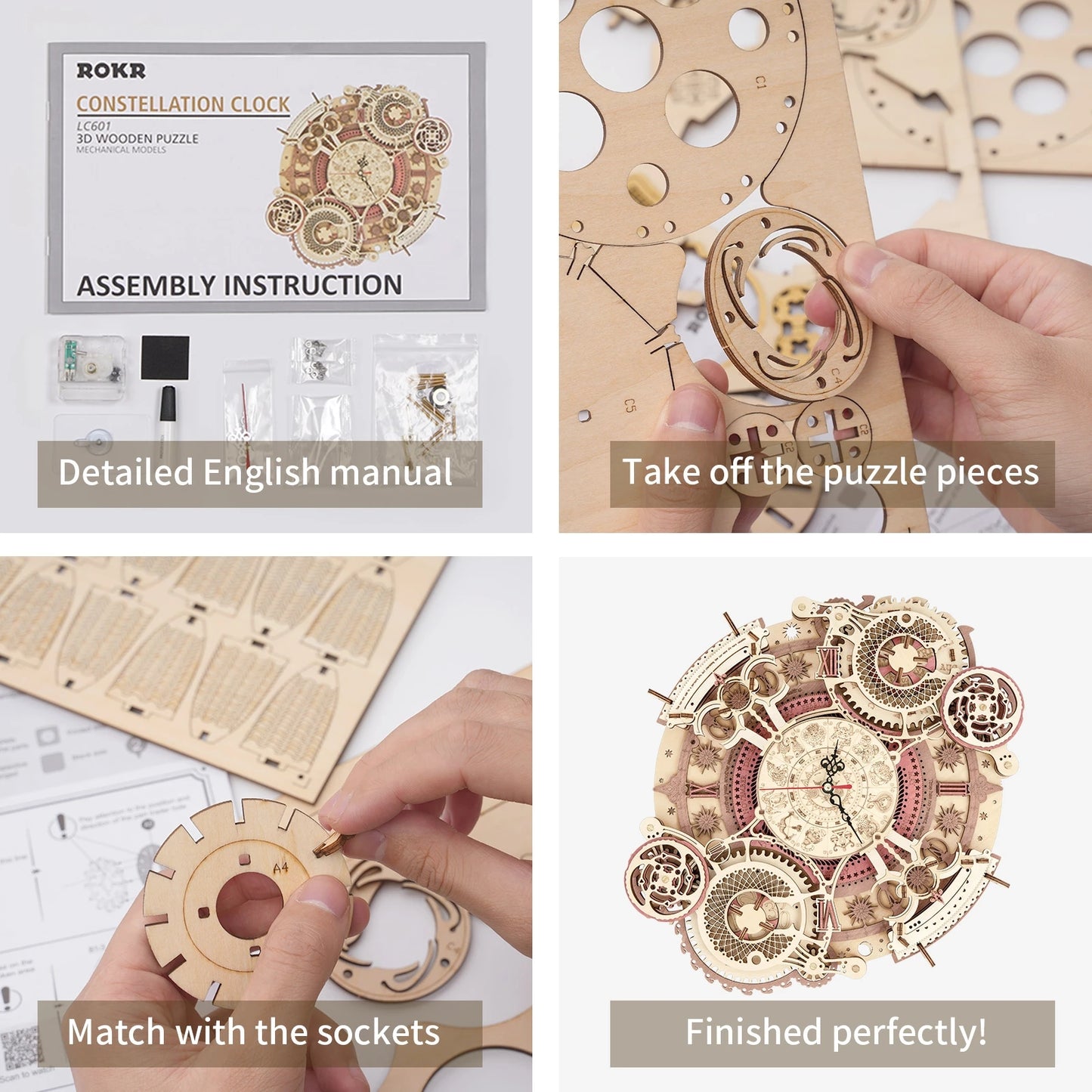 ROKR Zodiac Wall Clock – Mechanical 3D Wooden Puzzle with Working Clock