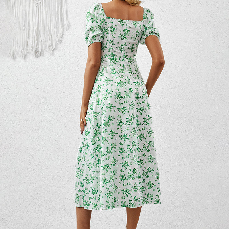 Women’s Square Neck Floral Dress with Puff Sleeves & Side Slit
