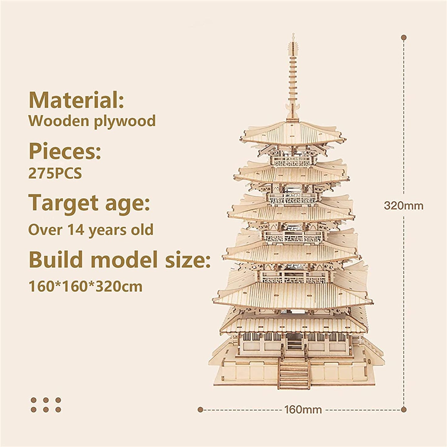 IVOJA Pagoda Temple Puzzle – 3D Wooden DIY Model Kit (5-Tier Tower)