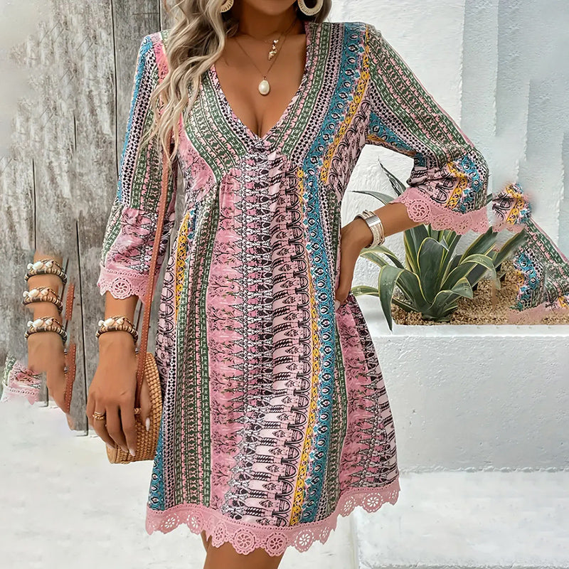 Women’s V-Neck Print Dress – Lace Trim Summer Sundress, Casual Boho Chic