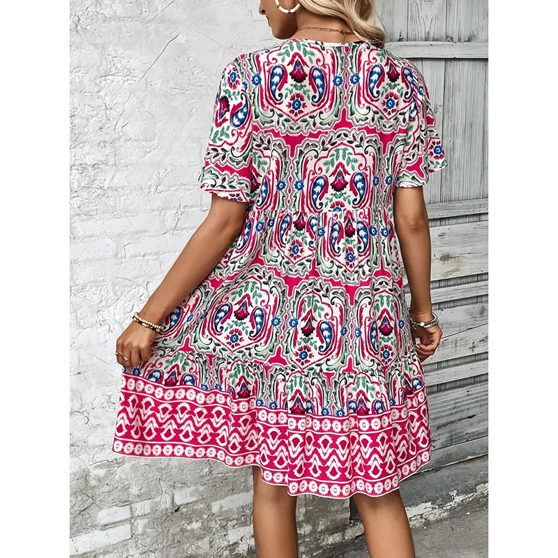 Women’s Casual Summer Dress – Boho Drawstring V-Neck Floral Short Sleeve Dress