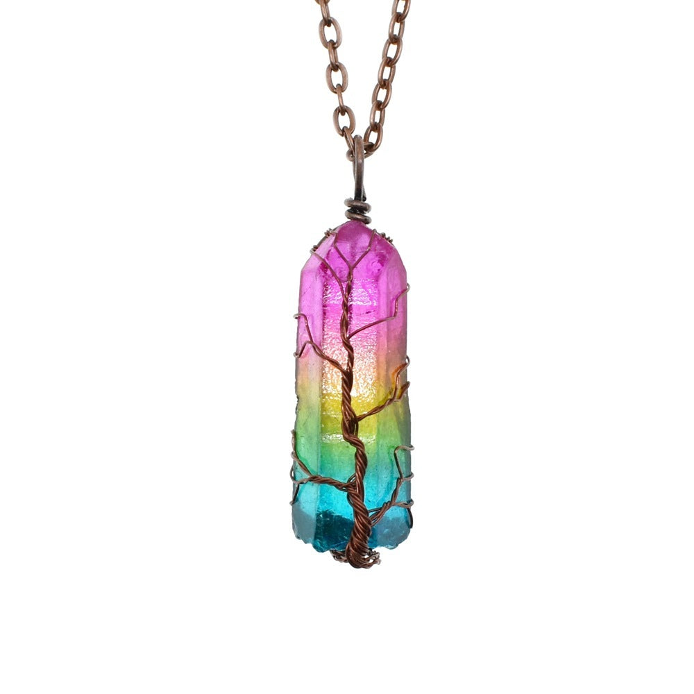 Ivoja Tree of Life Crystal Pillar Necklace – 70s-Inspired Boho Glow 