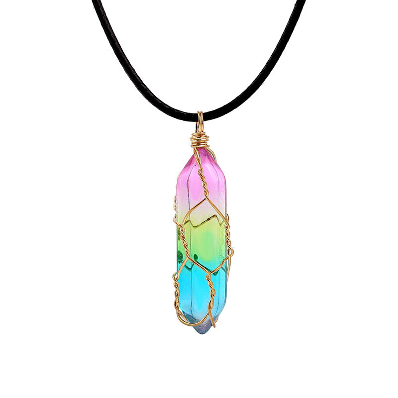 Rainbow crystal pendant necklace with gold wire wrap on black cord – colorful minimalist jewelry for women