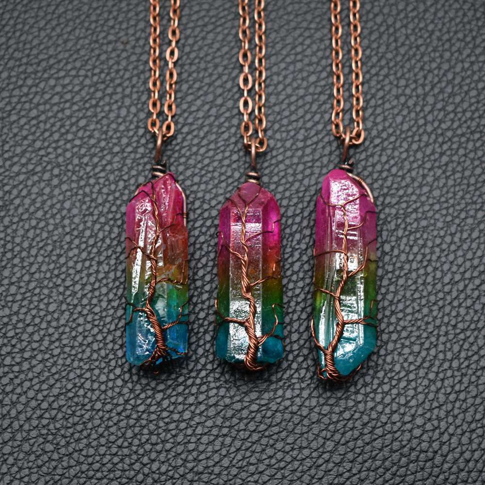 Ivoja Tree of Life Crystal Pillar Necklace – 70s-Inspired Boho Glow 