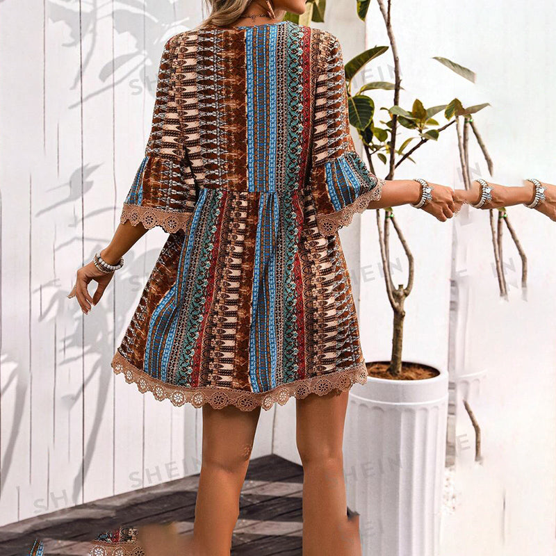 Women’s V-Neck Print Dress – Lace Trim Summer Sundress, Casual Boho Chic