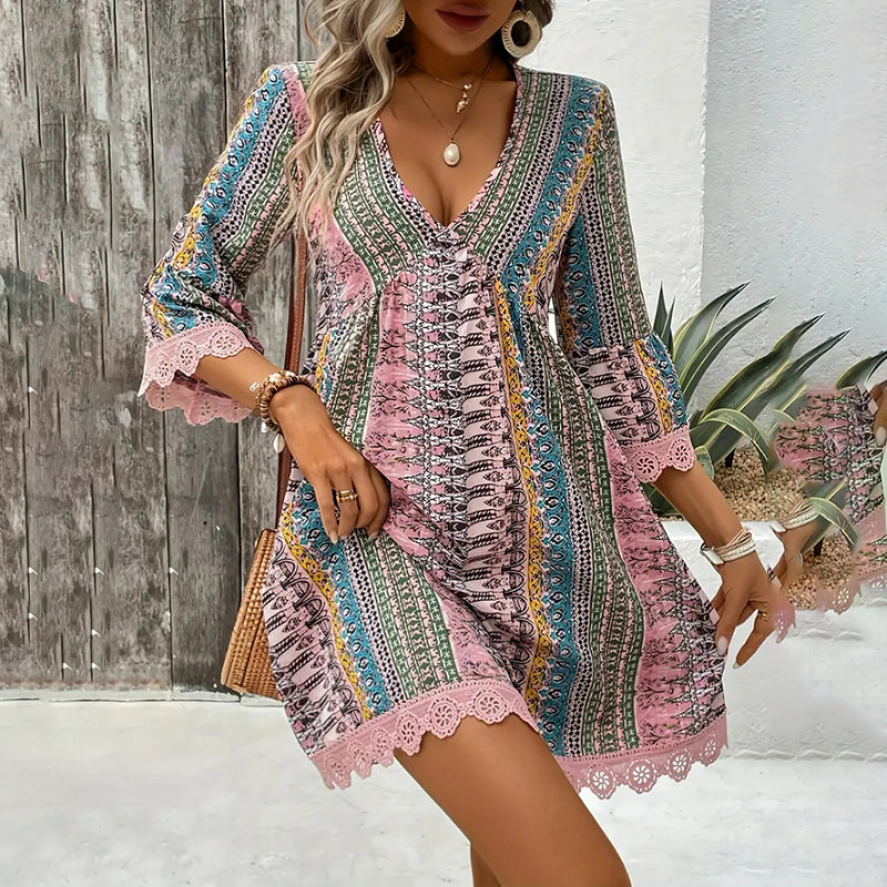 Women’s V-Neck Print Dress – Lace Trim Summer Sundress, Casual Boho Chic