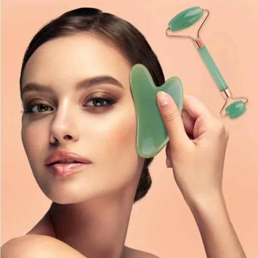 IVOJA™ Jade Gua Sha & Face Roller Set – Sculpting, Glow & Tension Relief Facial Massage Tool