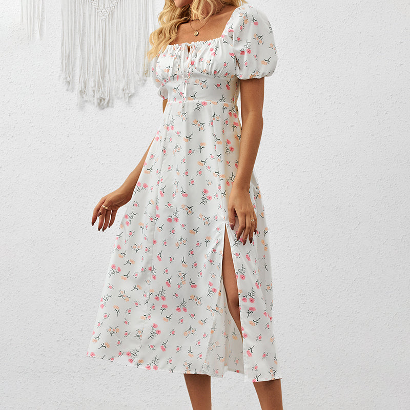 Women’s Square Neck Floral Dress with Puff Sleeves & Side Slit