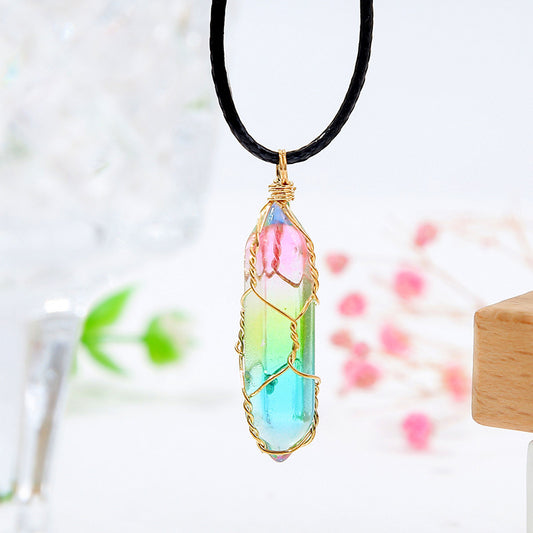 Rainbow crystal pendant necklace with gold wire wrap on black cord – colorful minimalist jewelry for women
