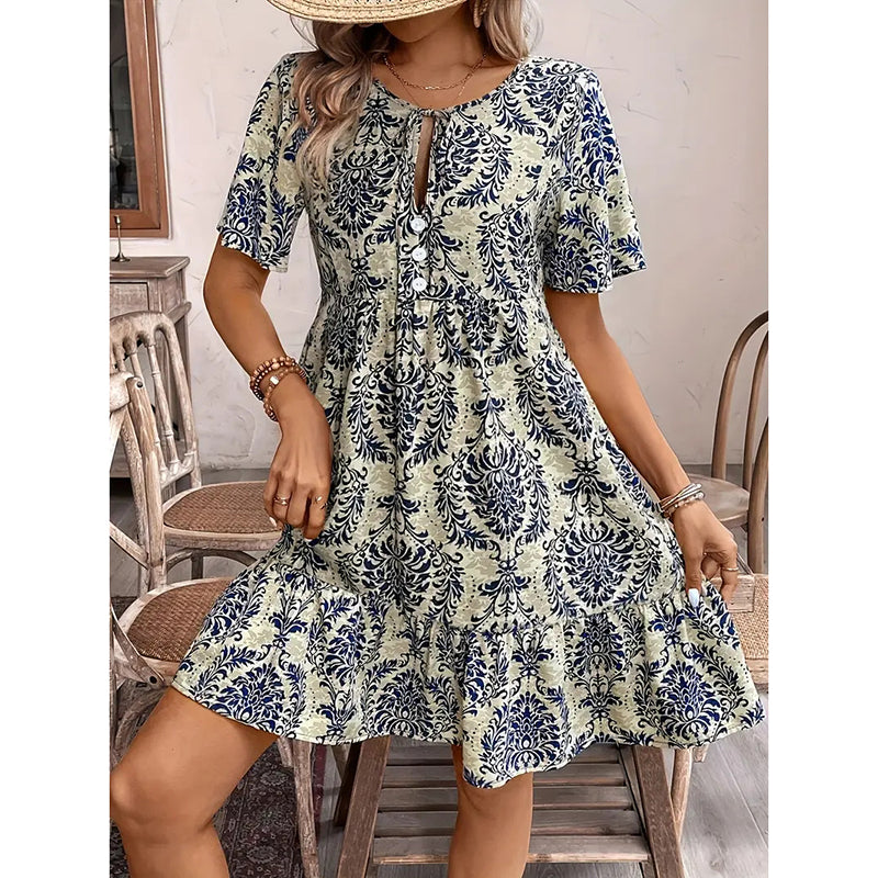 Women’s Casual Summer Dress – Boho Drawstring V-Neck Floral Short Sleeve Dress