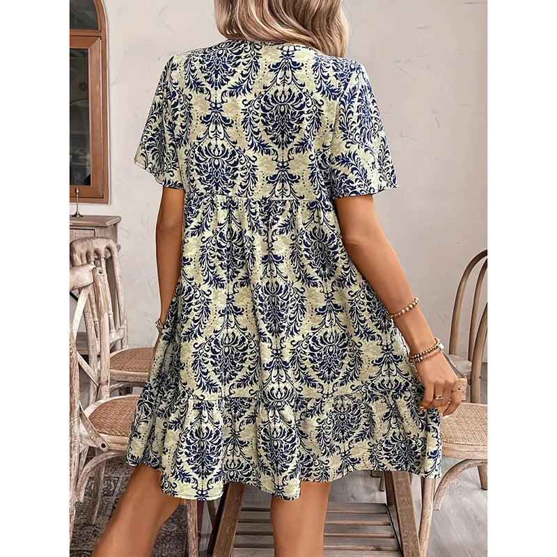 Women’s Casual Summer Dress – Boho Drawstring V-Neck Floral Short Sleeve Dress