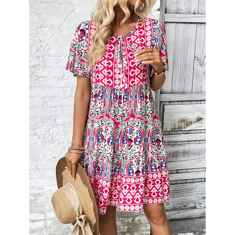 Women’s Casual Summer Dress – Boho Drawstring V-Neck Floral Short Sleeve Dress