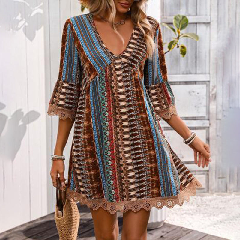 Women’s V-Neck Print Dress – Lace Trim Summer Sundress, Casual Boho Chic