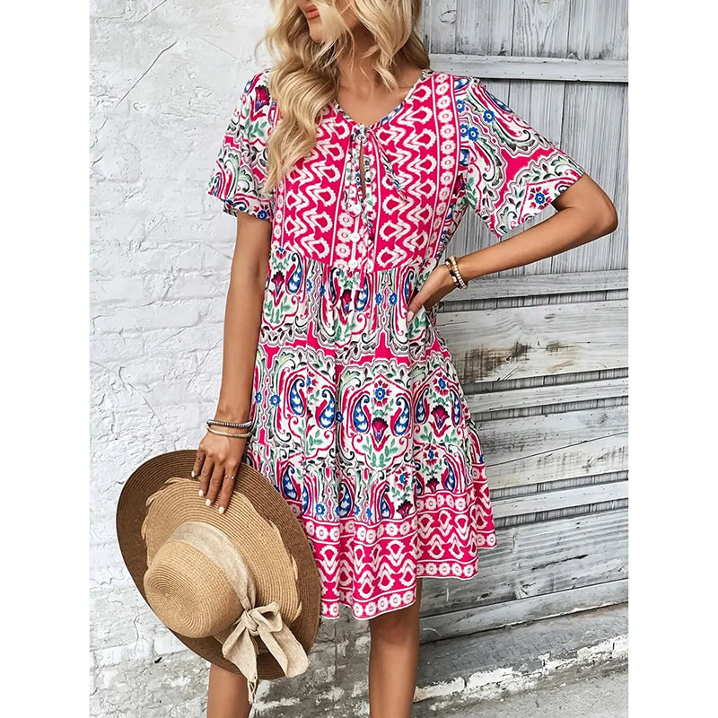 Women’s Casual Summer Dress – Boho Drawstring V-Neck Floral Short Sleeve Dress