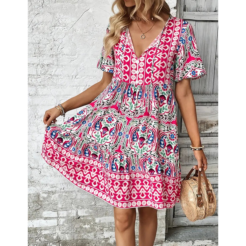 Women’s Casual Summer Dress – Boho Drawstring V-Neck Floral Short Sleeve Dress