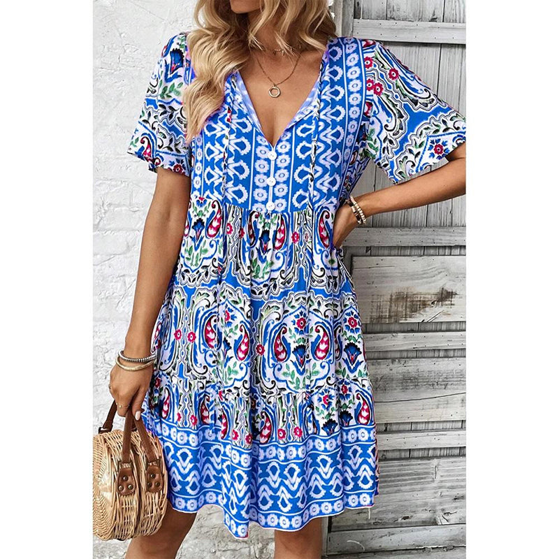 Women’s Casual Summer Dress – Boho Drawstring V-Neck Floral Short Sleeve Dress