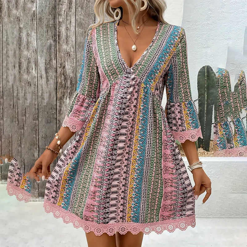 Women’s V-Neck Print Dress – Lace Trim Summer Sundress, Casual Boho Chic