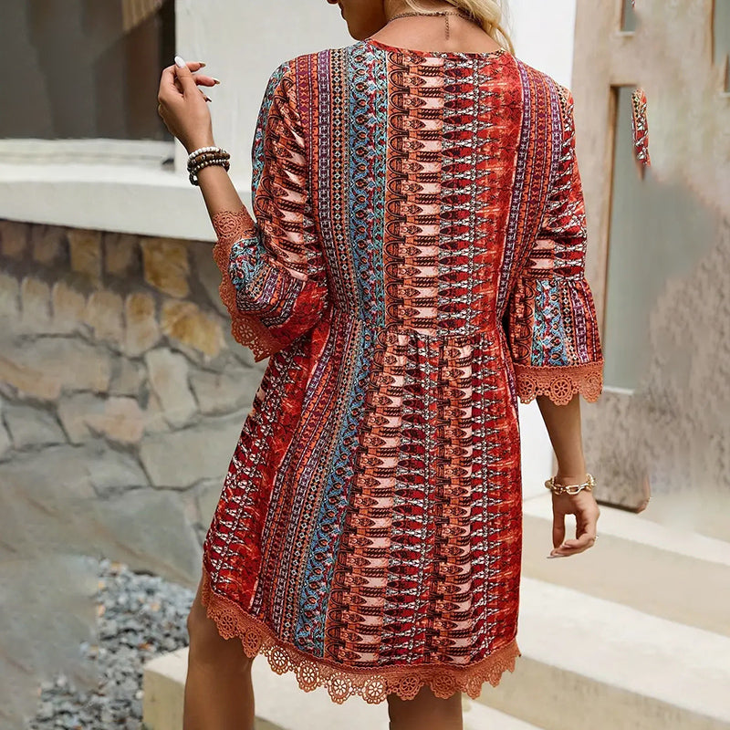 Women’s V-Neck Print Dress – Lace Trim Summer Sundress, Casual Boho Chic