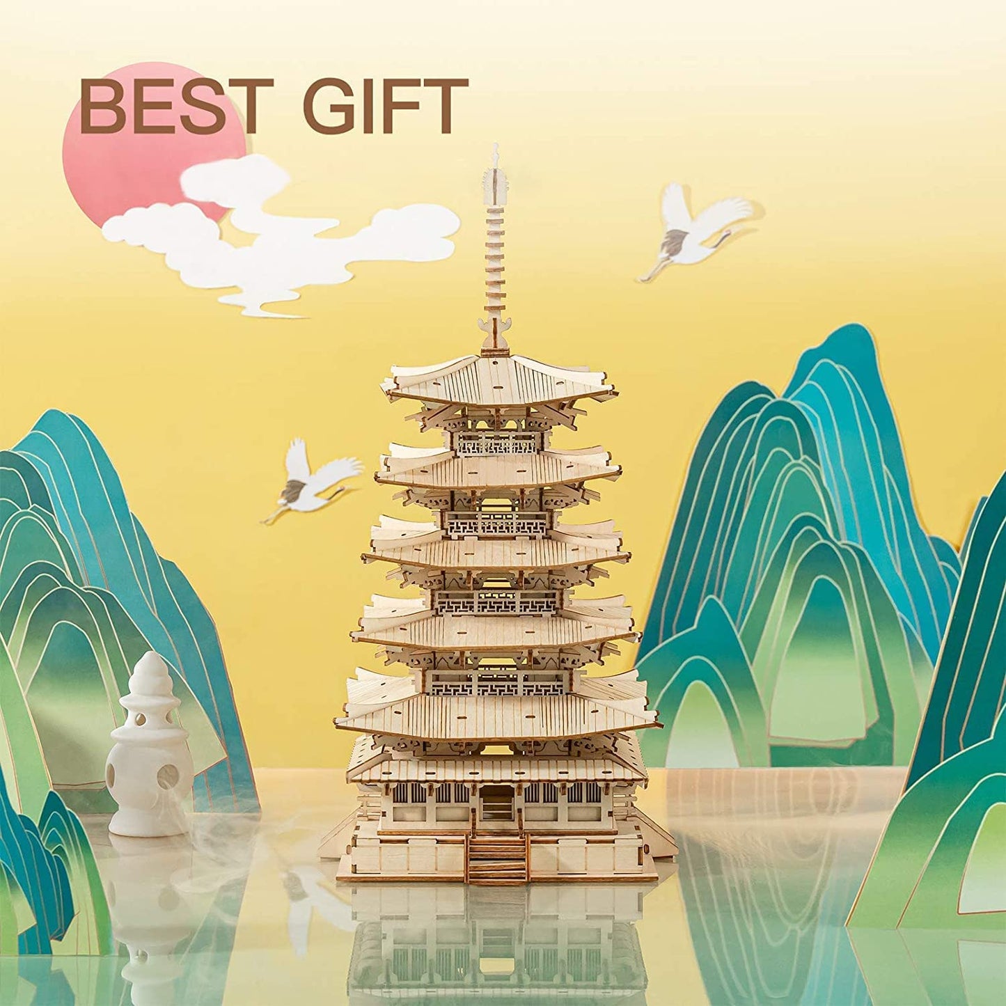 IVOJA Pagoda Temple Puzzle – 3D Wooden DIY Model Kit (5-Tier Tower)