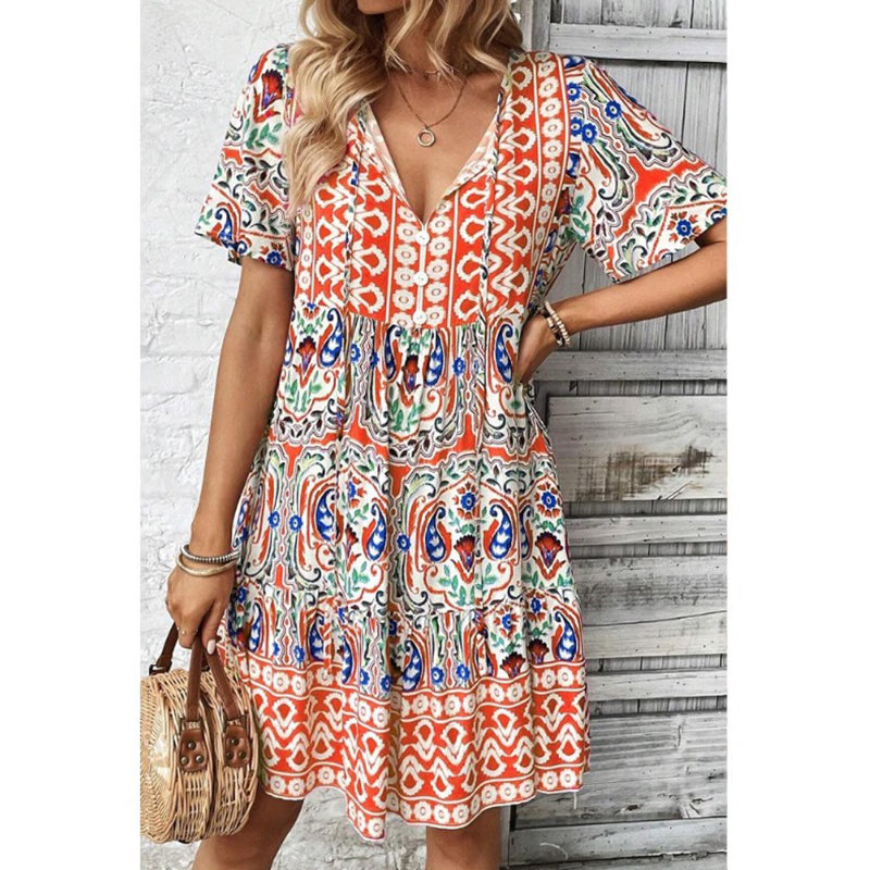 Women’s Casual Summer Dress – Boho Drawstring V-Neck Floral Short Sleeve Dress