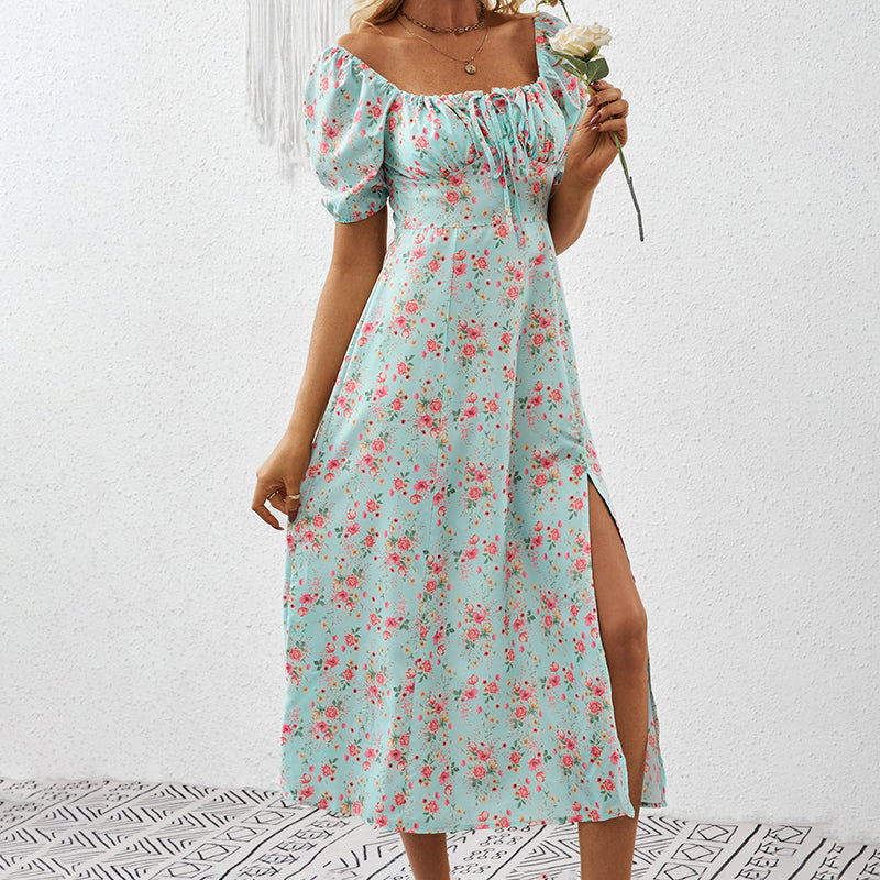 Women’s Square Neck Floral Dress with Puff Sleeves & Side Slit