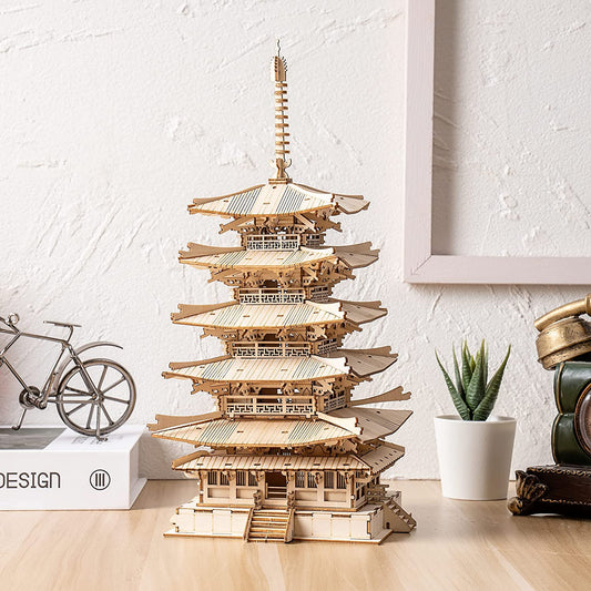 IVOJA Pagoda Temple Puzzle – 3D Wooden DIY Model Kit (5-Tier Tower)