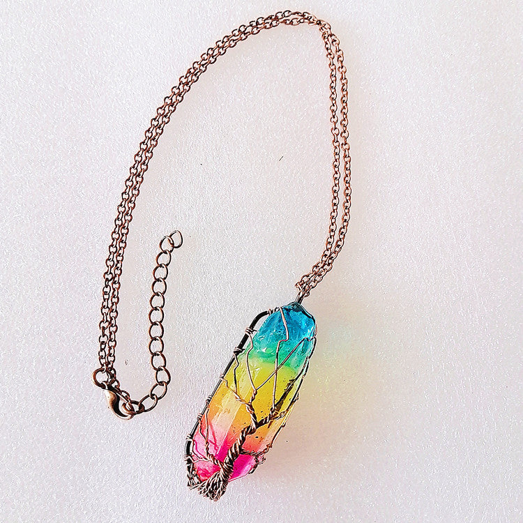Ivoja Tree of Life Crystal Pillar Necklace – 70s-Inspired Boho Glow 