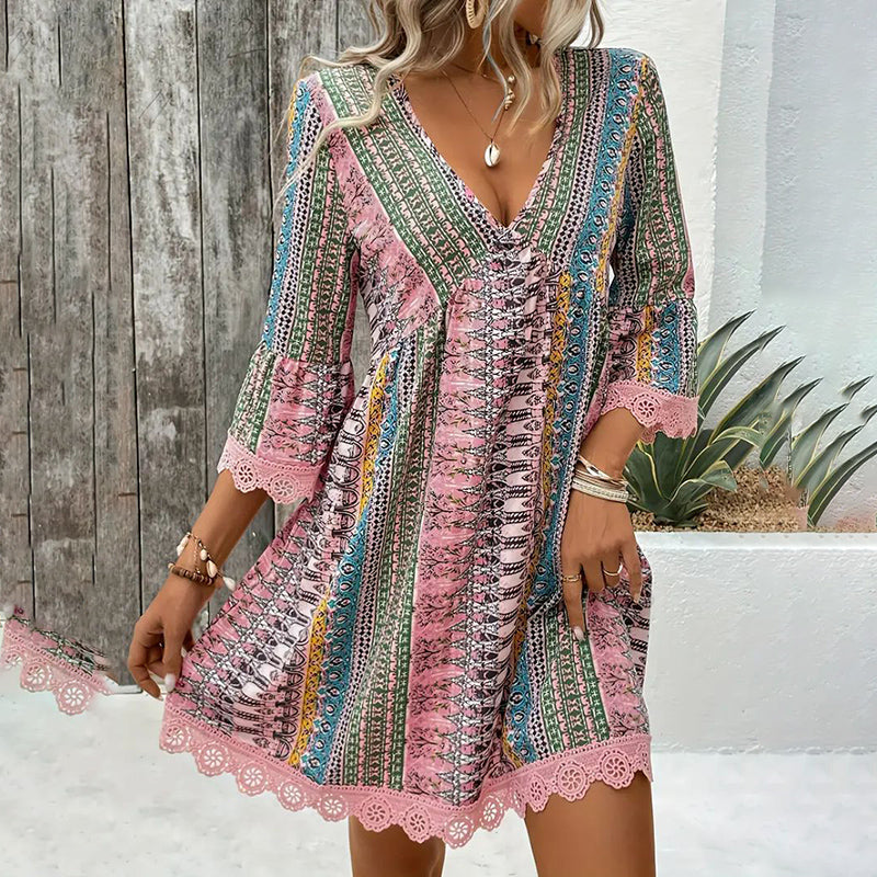 Women’s V-Neck Print Dress – Lace Trim Summer Sundress, Casual Boho Chic