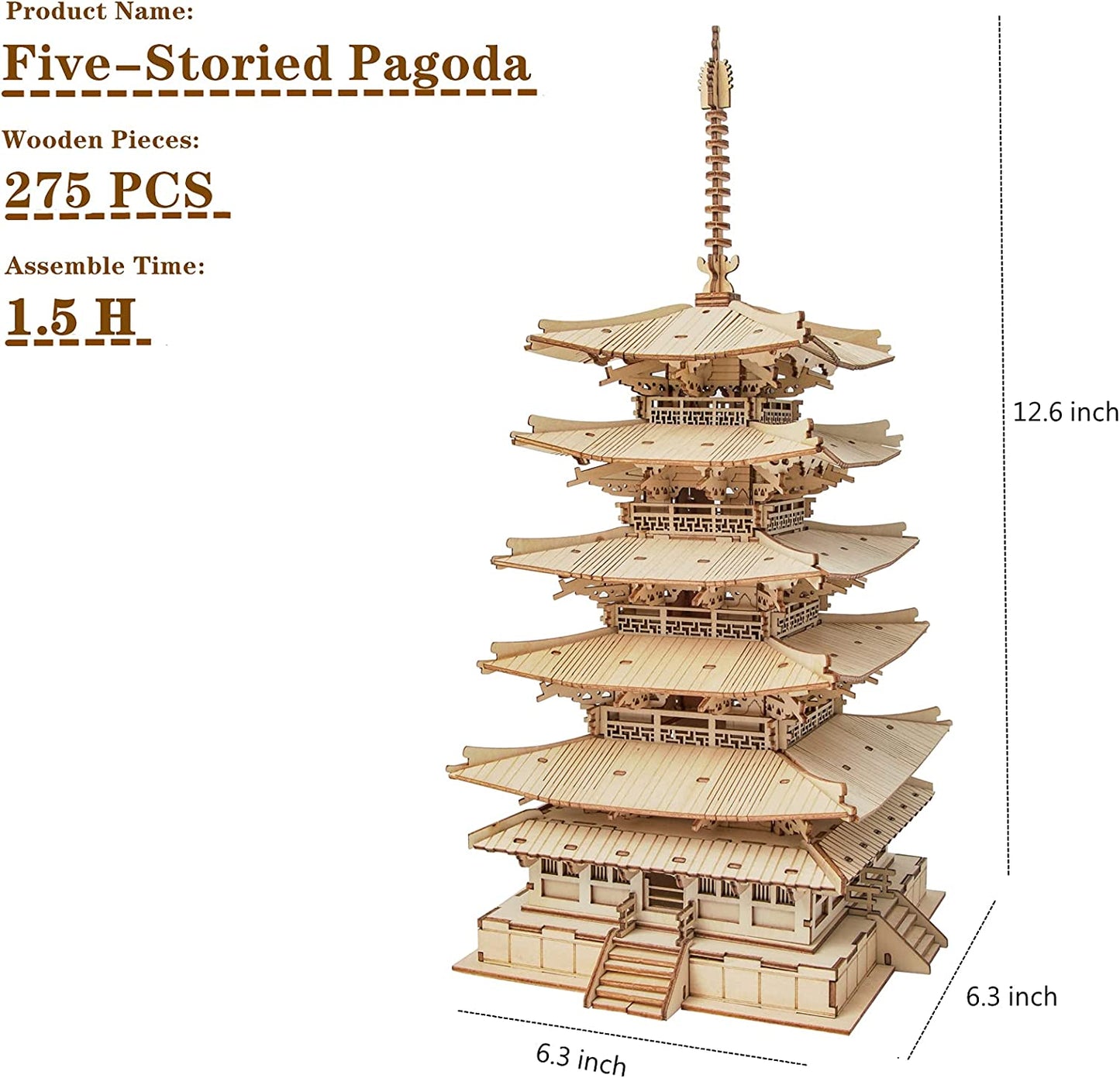 IVOJA Pagoda Temple Puzzle – 3D Wooden DIY Model Kit (5-Tier Tower)