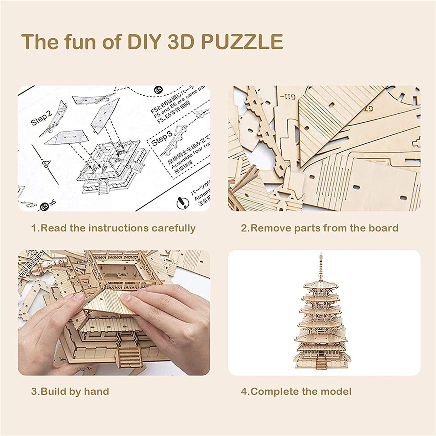 IVOJA Pagoda Temple Puzzle – 3D Wooden DIY Model Kit (5-Tier Tower)